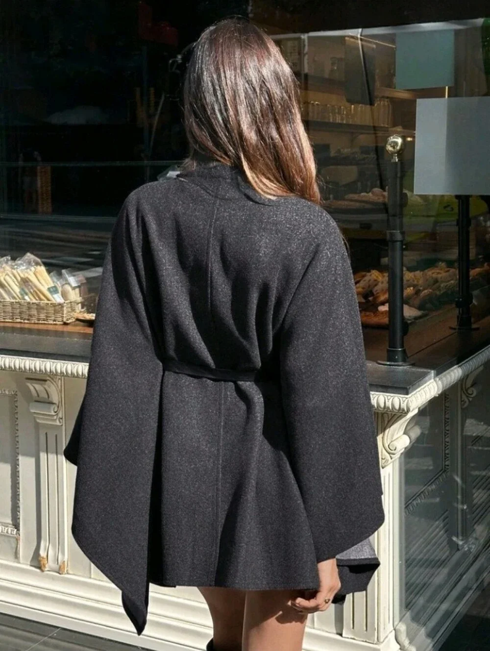 Women's Elegant High Collar Batwing Sleeve Cinched Waist Waist Wool Blend